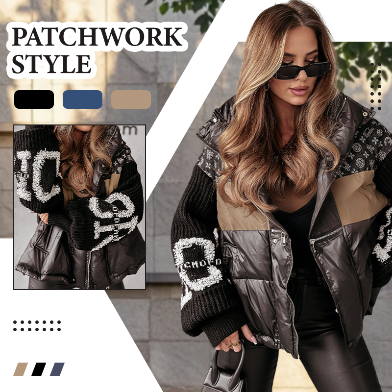 Damen-Daunenjacke Mit Patchwork-Jeanskragen Und Kapuze