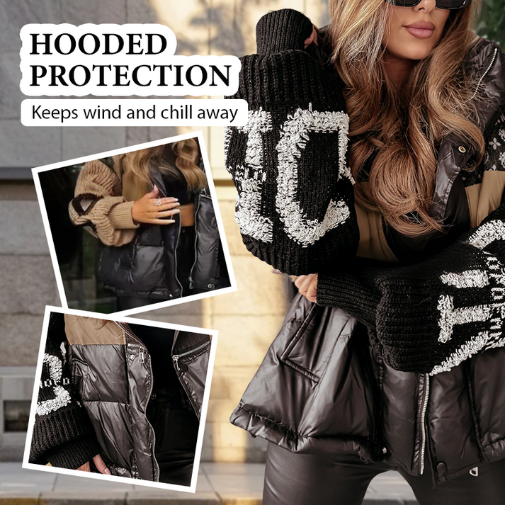Damen-Daunenjacke Mit Patchwork-Jeanskragen Und Kapuze