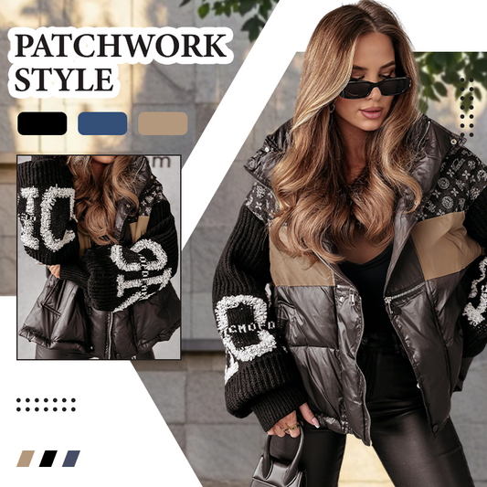 Damen-Daunenjacke Mit Patchwork-Jeanskragen Und Kapuze