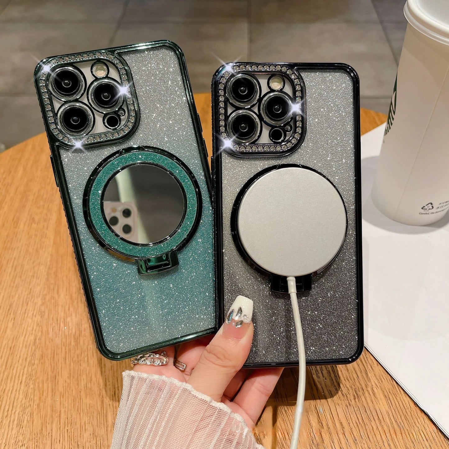 📲✨Gradient Glitter Holder Makeup Mirror Protective Case