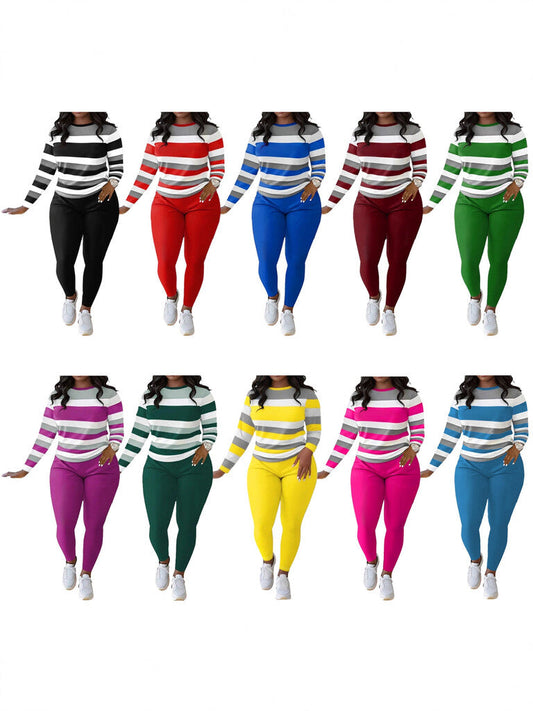 Stylish And Unique Striped Print Round-Neck Long-Sleeved Top And Long Pants Set.