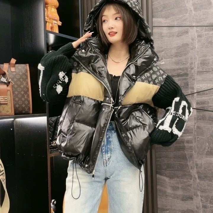 Damen-Daunenjacke Mit Patchwork-Jeanskragen Und Kapuze