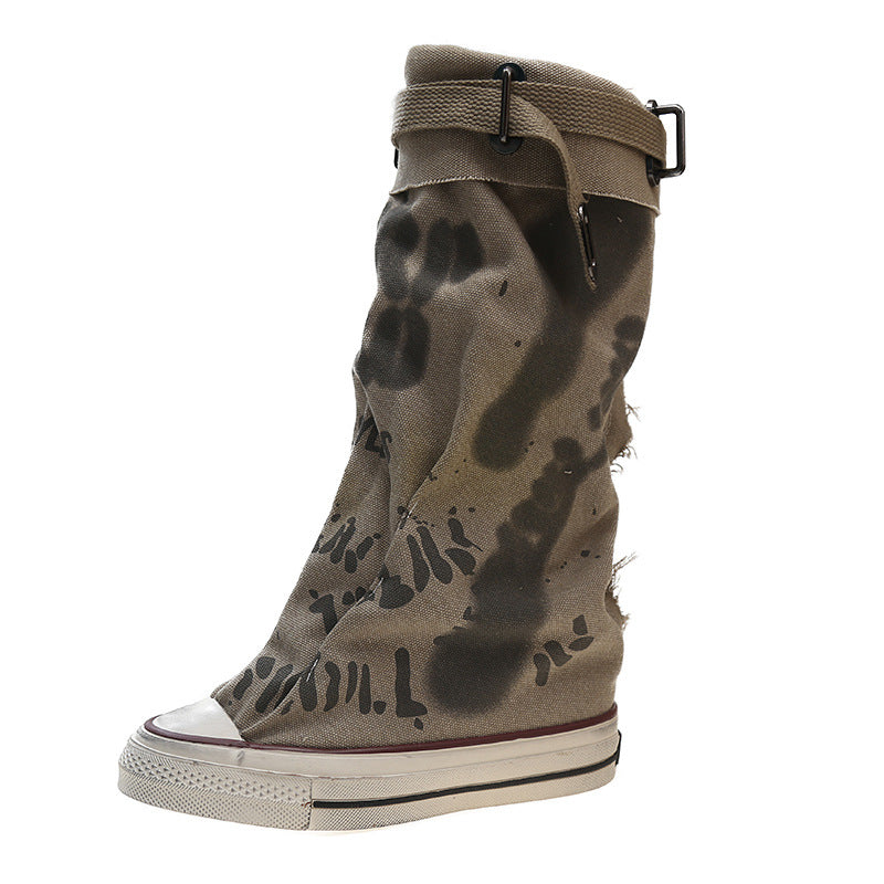 Flache Retro-Stiefel aus Canvas mit mittlerem Schaft für Damen