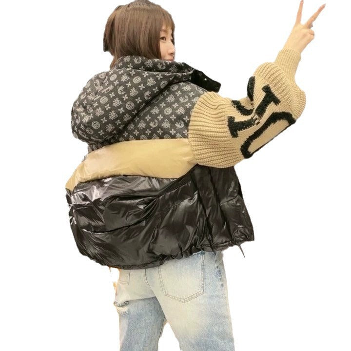 Damen-Daunenjacke Mit Patchwork-Jeanskragen Und Kapuze