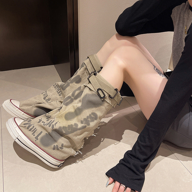 Flache Retro-Stiefel aus Canvas mit mittlerem Schaft für Damen