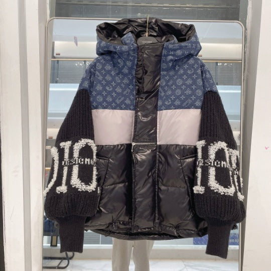 Damen-Daunenjacke Mit Patchwork-Jeanskragen Und Kapuze