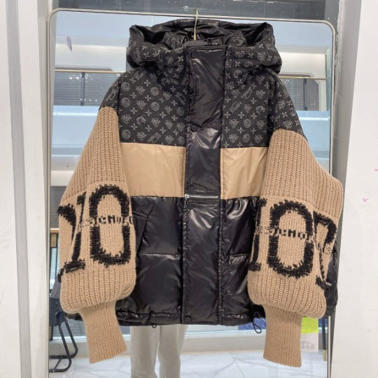 Damen-Daunenjacke Mit Patchwork-Jeanskragen Und Kapuze
