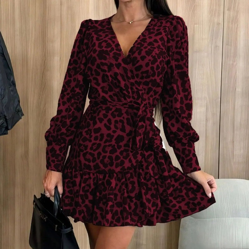 💖Black Friday Mega Deal – 50% off!💖Leopard print wrap dress with V-neck and waist belt