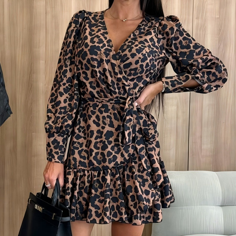 💖Black Friday Mega Deal – 50% off!💖Leopard print wrap dress with V-neck and waist belt