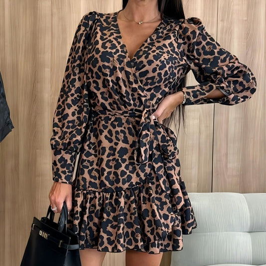 💖Black Friday Mega Deal – 50% off!💖Leopard print wrap dress with V-neck and waist belt