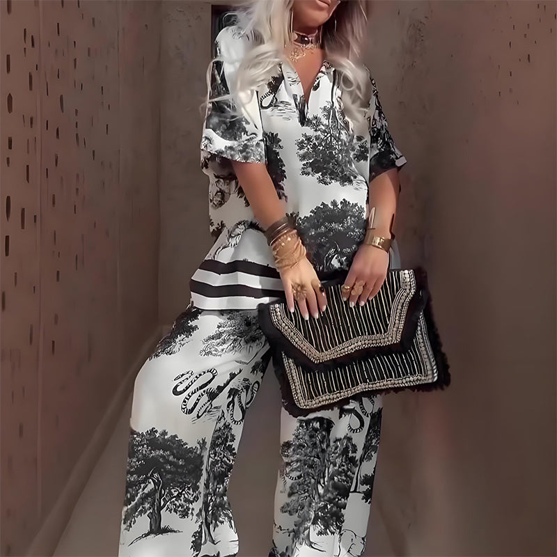 🔥🌊Zweiteiliges Set mit Oberteil mit V-Ausschnitt und Hose