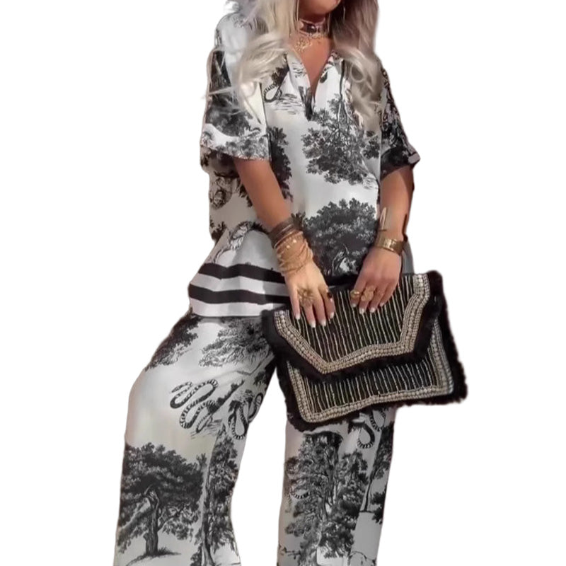 🔥🌊Zweiteiliges Set mit Oberteil mit V-Ausschnitt und Hose