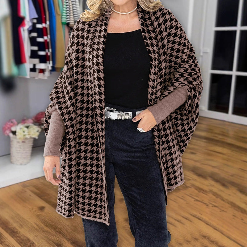 Damen Poncho mit offener Vorderseite im Hahnentritt-Muster