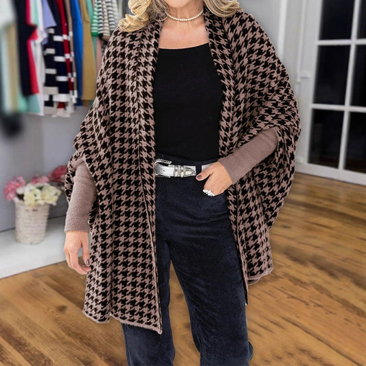 Damen Poncho mit offener Vorderseite im Hahnentritt-Muster