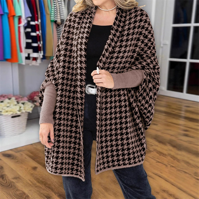 Damen Poncho mit offener Vorderseite im Hahnentritt-Muster