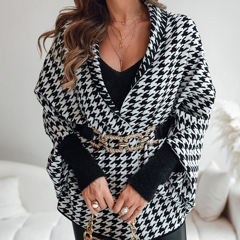 Damen Poncho mit offener Vorderseite im Hahnentritt-Muster