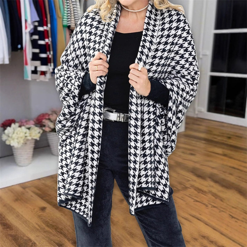 Damen Poncho mit offener Vorderseite im Hahnentritt-Muster