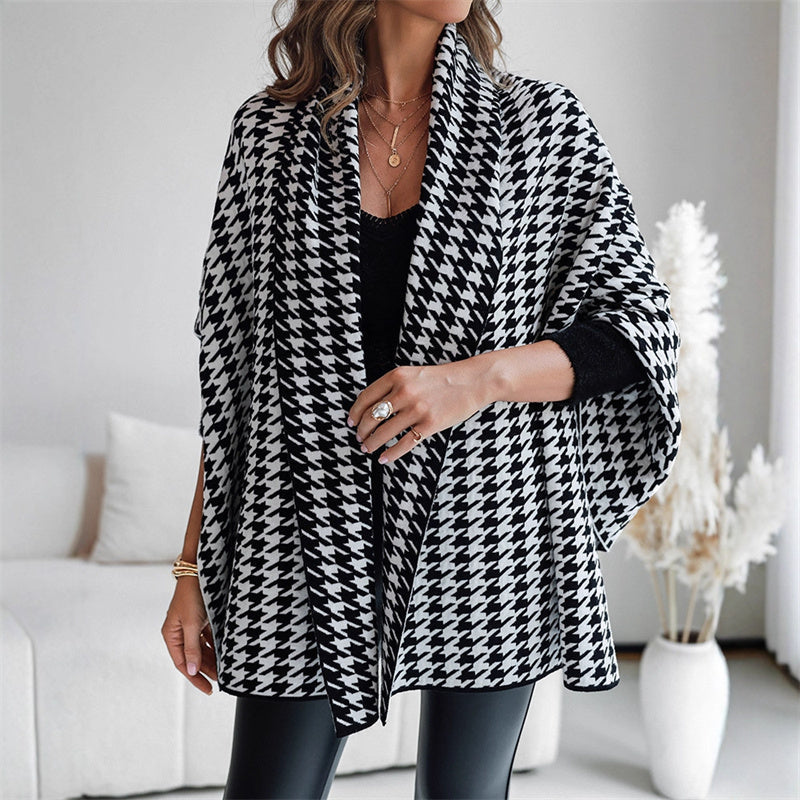 Damen Poncho mit offener Vorderseite im Hahnentritt-Muster