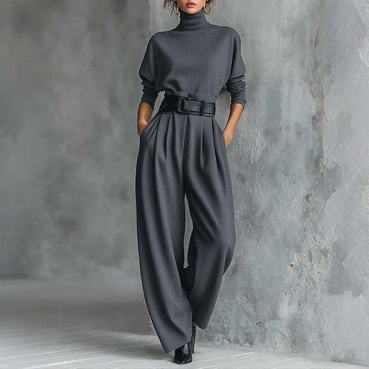 ⏳Limited-time special⏰Elegant women's set consisting of a turtleneck top and high-waisted pants (belt included)👚👖