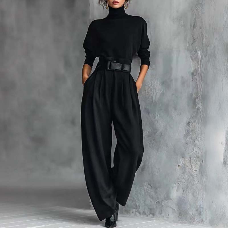 ⏳Limited-time special⏰Elegant women's set consisting of a turtleneck top and high-waisted pants (belt included)👚👖