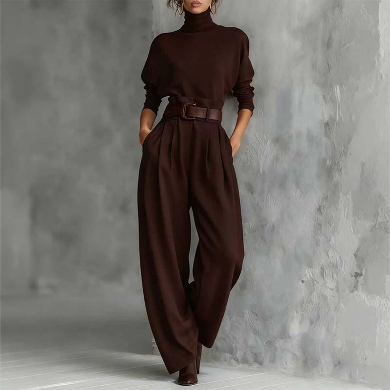 ⏳Limited-time special⏰Elegant women's set consisting of a turtleneck top and high-waisted pants (belt included)👚👖