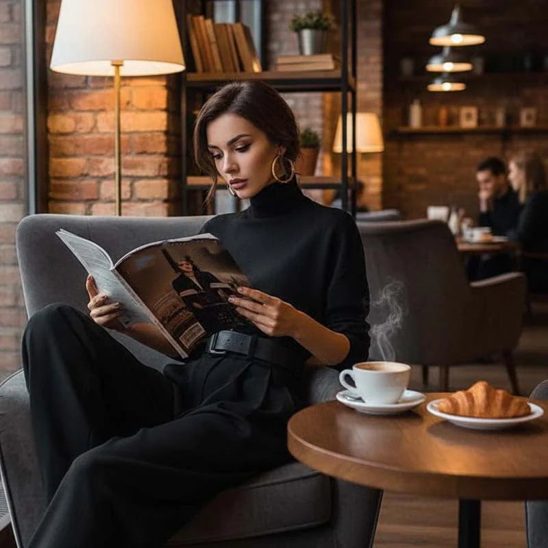 ⏳Limited-time special⏰Elegant women's set consisting of a turtleneck top and high-waisted pants (belt included)👚👖