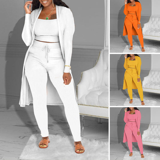 💎 Casual 3-Piece Knit Set – Cropped Top, Long Cardigan & Fitted Pants | Soft, Stretchy & On-Trend 🧶